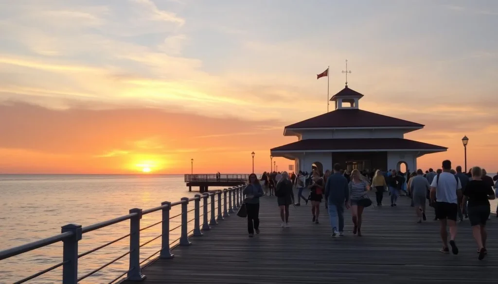 Generate an image of the Palanga Pier at sunset with people strolling and capturing photos.