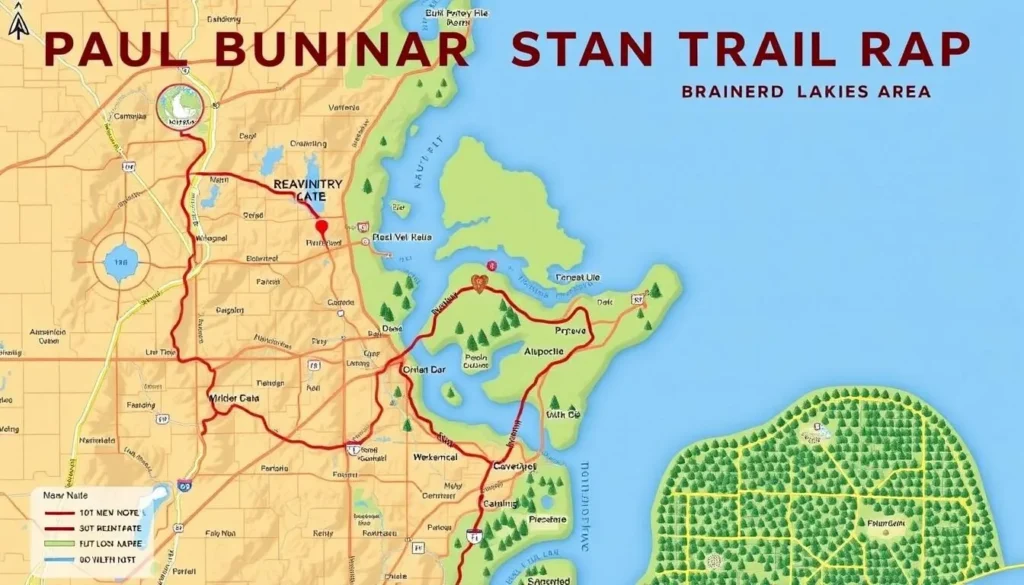 Generate an image of the Paul Bunyan State Trail map, showcasing its 120-mile route through the Brainerd Lakes Area.