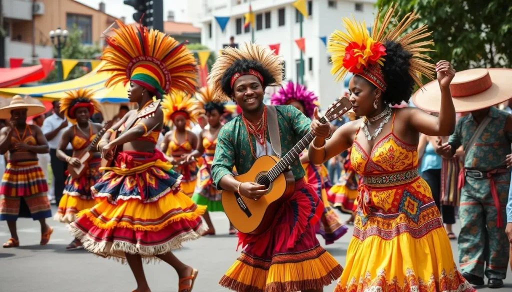 Generate an image of the Petronio Álvarez festival in Cali, Colombia, showcasing traditional Afro-Colombian music and dance.