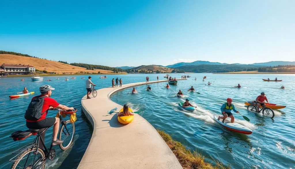 Generate an image of the "Pilák" recreation center with people engaging in water sports and cycling
