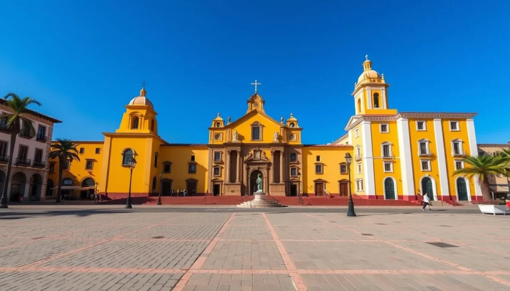 Generate an image of the Plaza de Armas in Trujillo, Peru, with the yellow cathedral in the background.