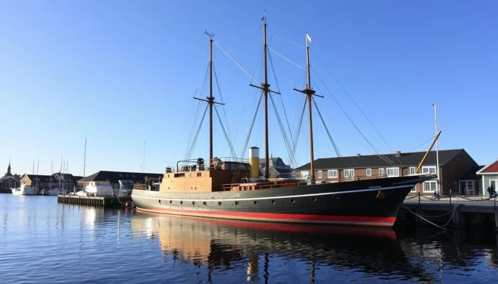 Generate an image of the Pommern ship and Åland Maritime Museum in Mariehamn