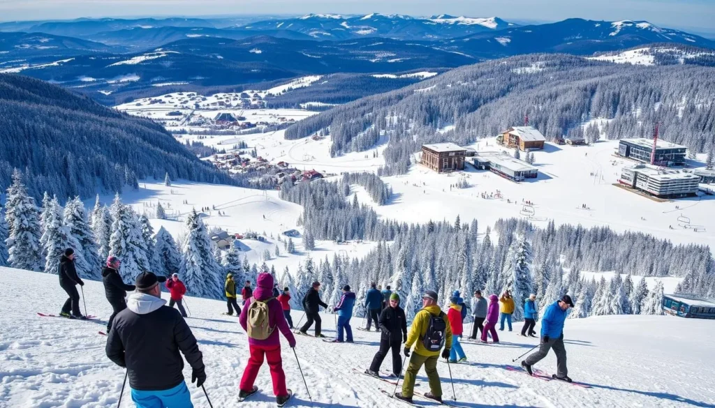 Generate an image of the Praděd-Ovčárna ski resort with snow-covered slopes and skiers enjoying the views.