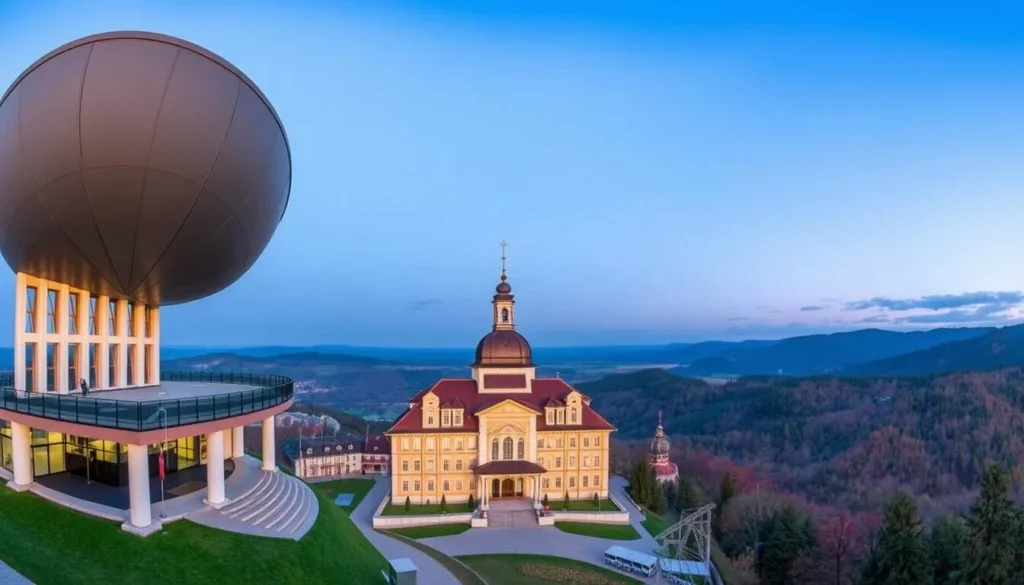 Generate an image of the Praděd Television Transmitter and Hotel with a panoramic view of the Jeseniky Mountains.