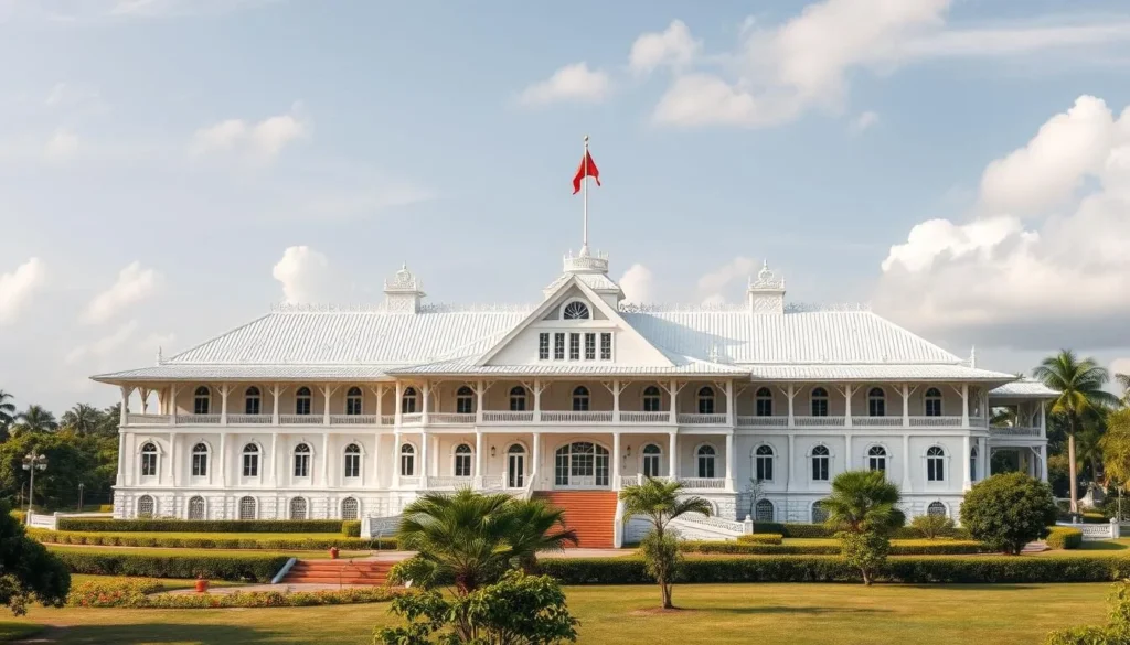 Generate an image of the Presidential Palace in Paramaribo, Suriname, showcasing its distinctive white wooden architecture.