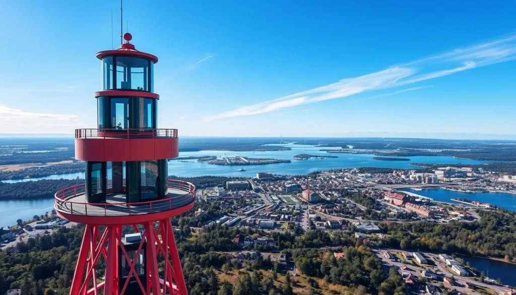 Generate an image of the Pyynikki Observation Tower in Tampere, Finland, with a panoramic view of the city and surrounding lakes.