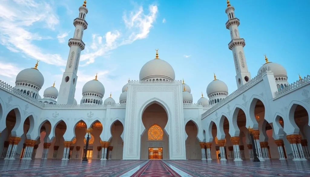 Generate an image of the Quba Mosque's beautiful white minarets and spacious prayer halls.