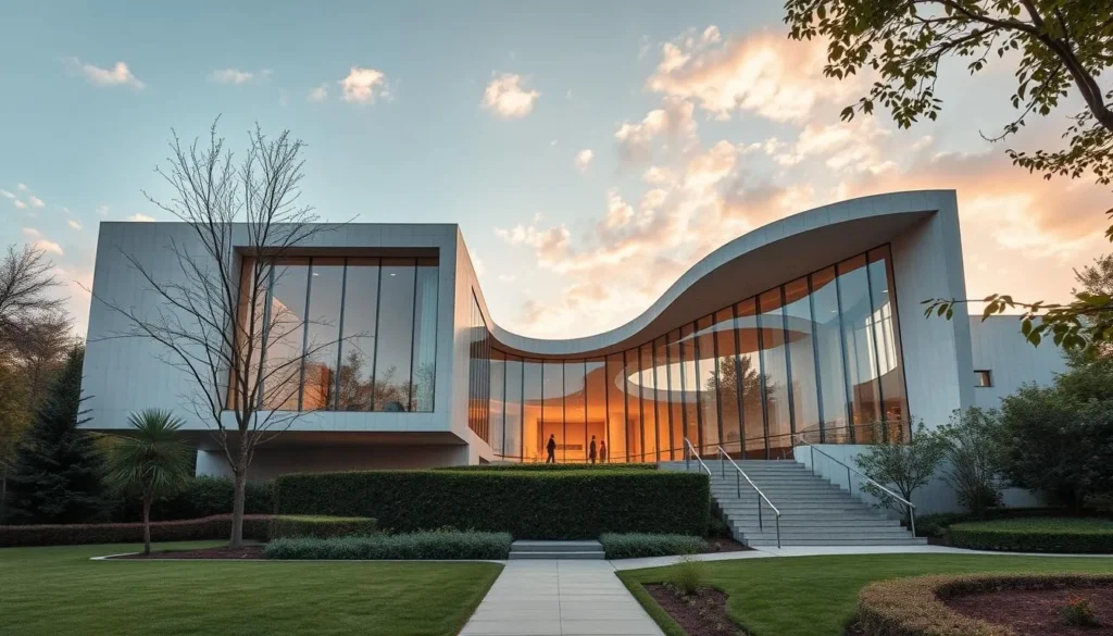 Generate an image of the Ralli Museum's modern architecture with a serene garden.