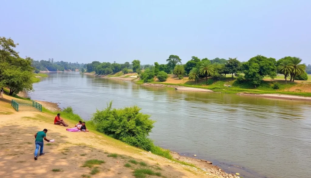 Generate an image of the Ramganga River flowing gently through Moradabad, with a serene landscape and people enjoying riverside activities.