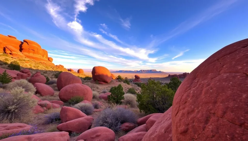 Generate an image of the Red Rock Coulee Natural Area featuring its distinctive red spherical boulders.
