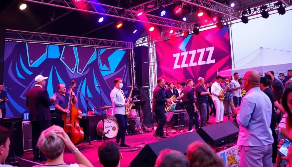 Generate an image of the Red Sea Jazz Festival in Eilat, featuring jazz musicians performing on stage.