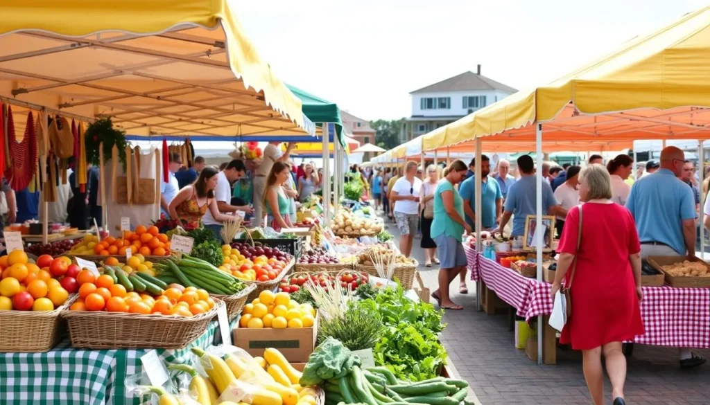 Generate an image of the Rehoboth Beach Farmer's Market with vendors selling fresh produce, baked goods, and handmade crafts.