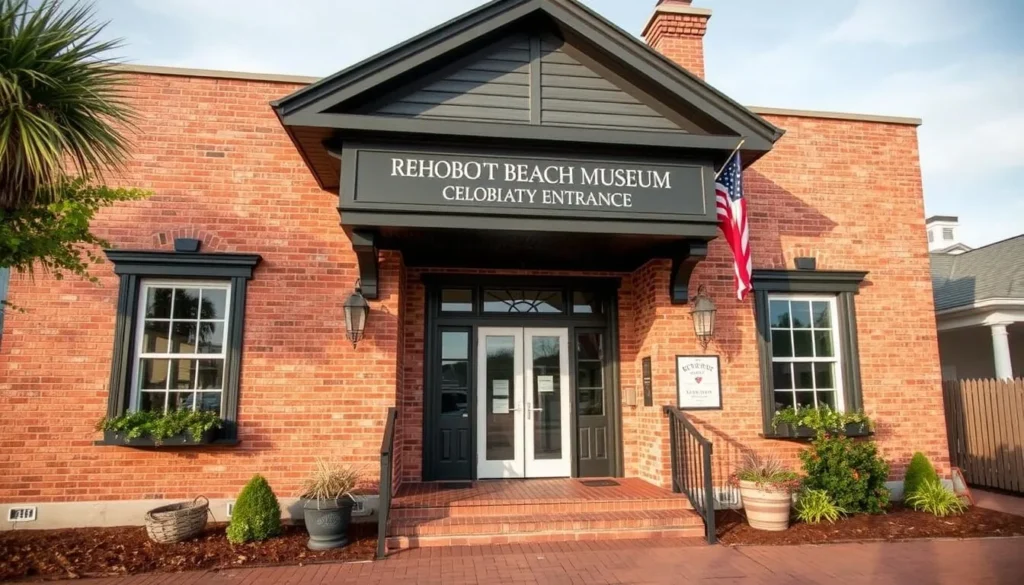 Generate an image of the Rehoboth Beach Museum's exterior, showcasing its historic building and welcoming entrance.