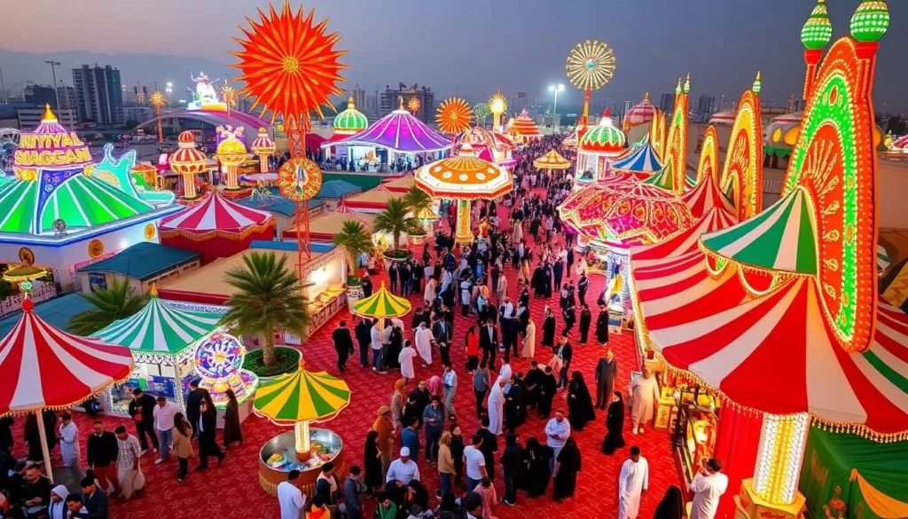 Generate an image of the Riyadh Season festival grounds, showcasing various attractions and activities.