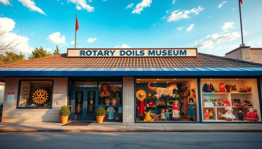 Generate an image of the Rotary Dolls Museum's exterior or a notable doll display.