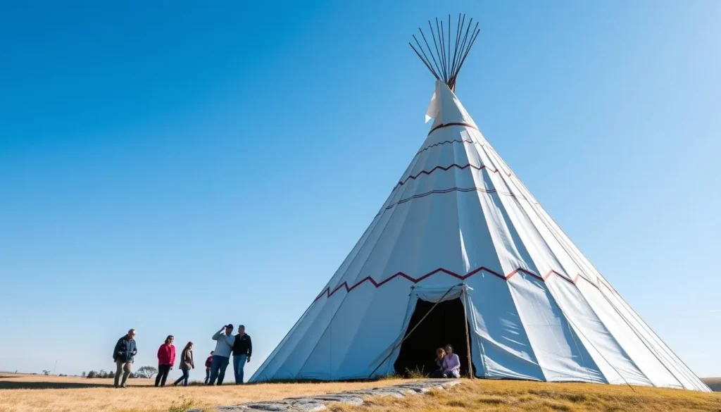 Generate an image of the Saamis Teepee in Medicine Hat, Alberta, with a clear blue sky and a few people around it.