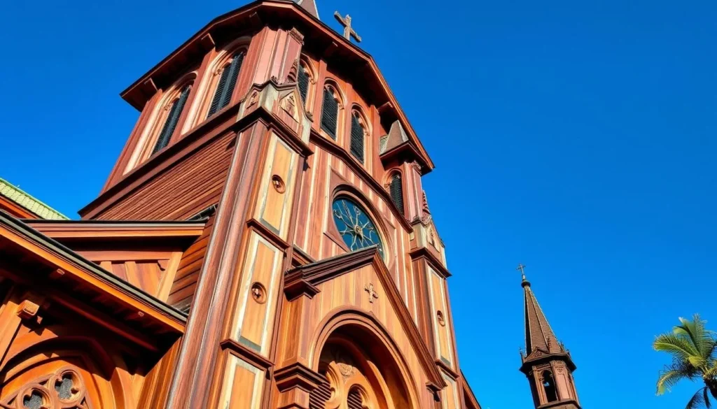 Generate an image of the Saint Peter and Paul Cathedral in Groningen, Suriname, showcasing its impressive wooden architecture.