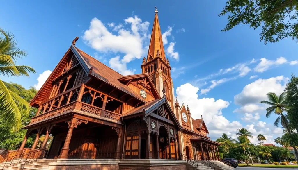 Generate an image of the Saint Peter and Paul Cathedral in Paramaribo, Suriname, showcasing its impressive wooden architecture and 44-meter-tall spire.