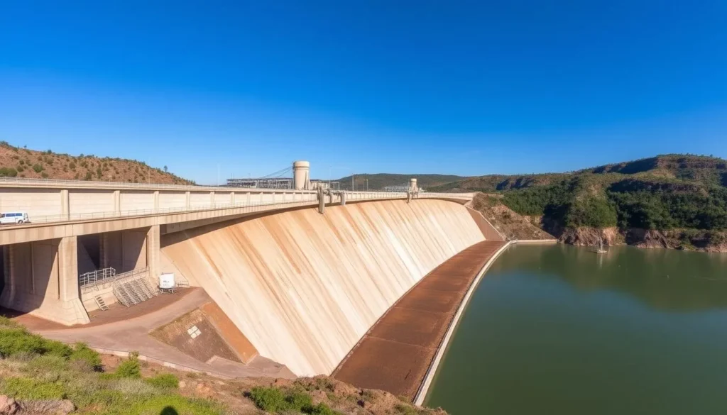 Generate an image of the Salto Grande Dam on the Uruguay River, showcasing its massive structure and hydroelectric power plant.