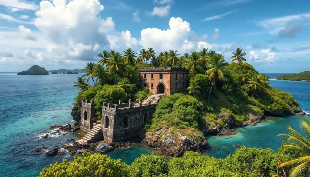 Generate an image of the Salvation Islands, showcasing the historic prison ruins and lush tropical vegetation.