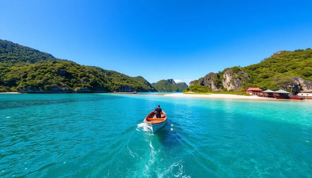 Generate an image of the Salvation Islands with a boat approaching the shore.