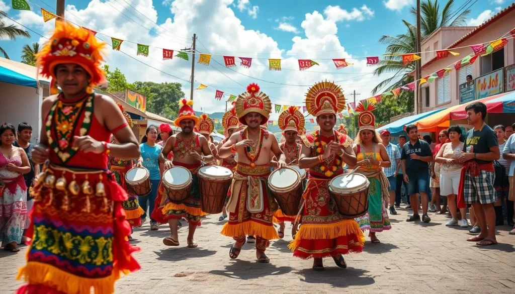 Generate an image of the San Juan Festival in Choroni, capturing the vibrant drumming, dancing, and celebrations.
