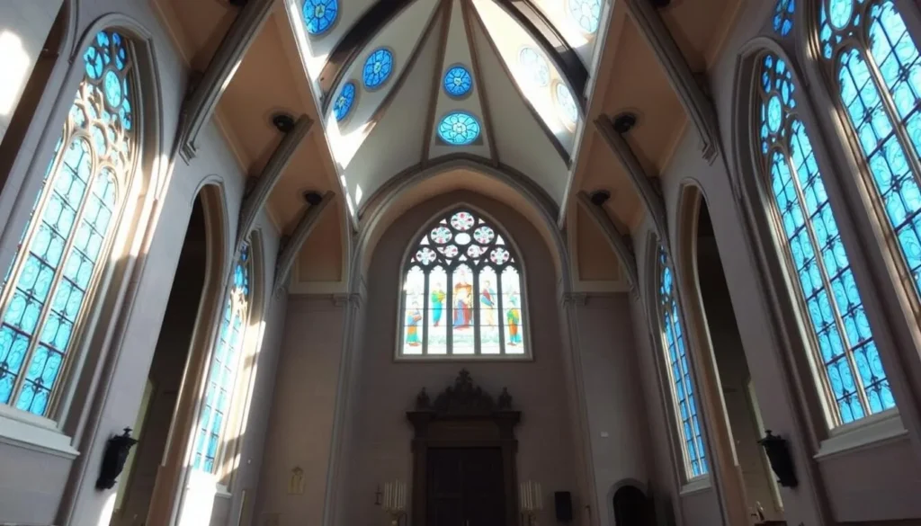 Generate an image of the Sanctuary of Don Bosco's interior with blue stained glass windows.