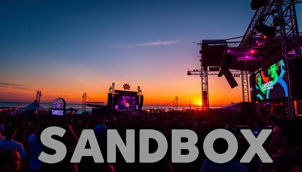 Generate an image of the Sandbox Festival at sunset with DJs performing on stage and attendees enjoying the beach atmosphere