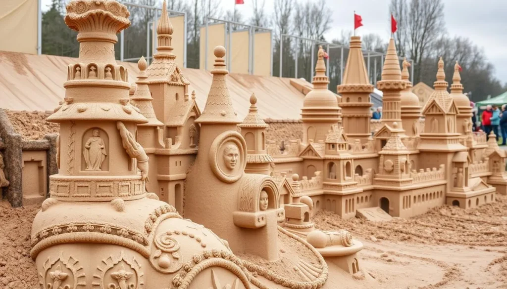 Generate an image of the Sandcastle Lappeenranta with intricate sand sculptures.
