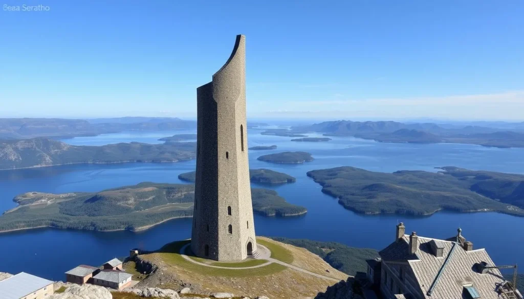 Generate an image of the Sea Serpent Tower standing tall at 17 meters, with a panoramic view of Lake Seljordsvatnet in the background.