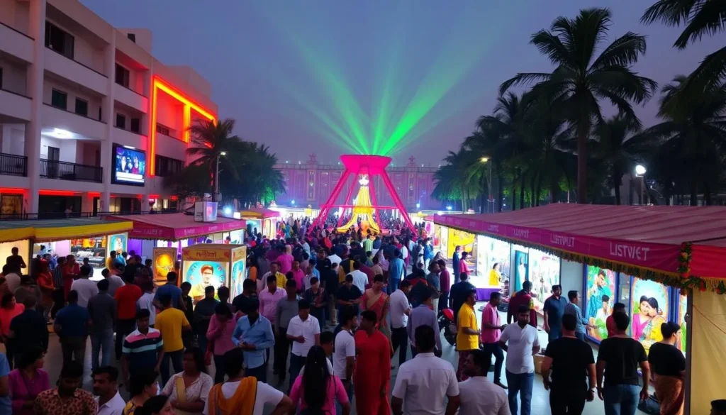 Generate an image of the Sector 17 plaza in Chandigarh during the Plaza Carnival, with people enjoying cultural performances and art displays.