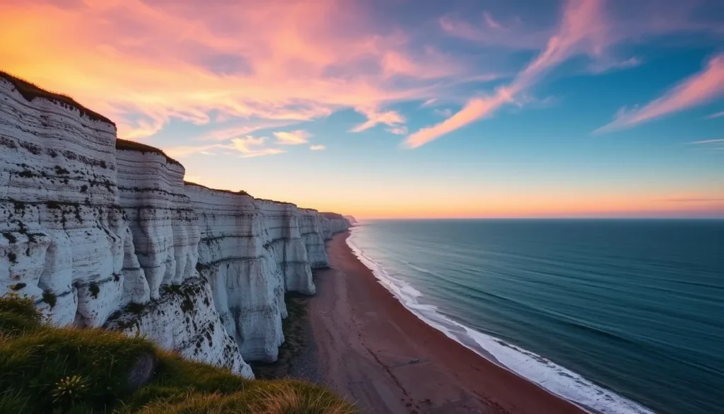 Generate an image of the Seven Sisters chalk cliffs at sunset with the English Channel in the background.
