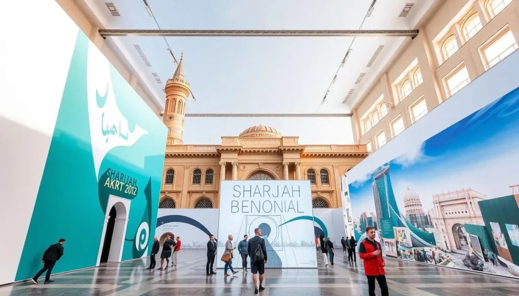 Generate an image of the Sharjah Biennial art exhibition featuring contemporary art installations in historic buildings and public spaces.