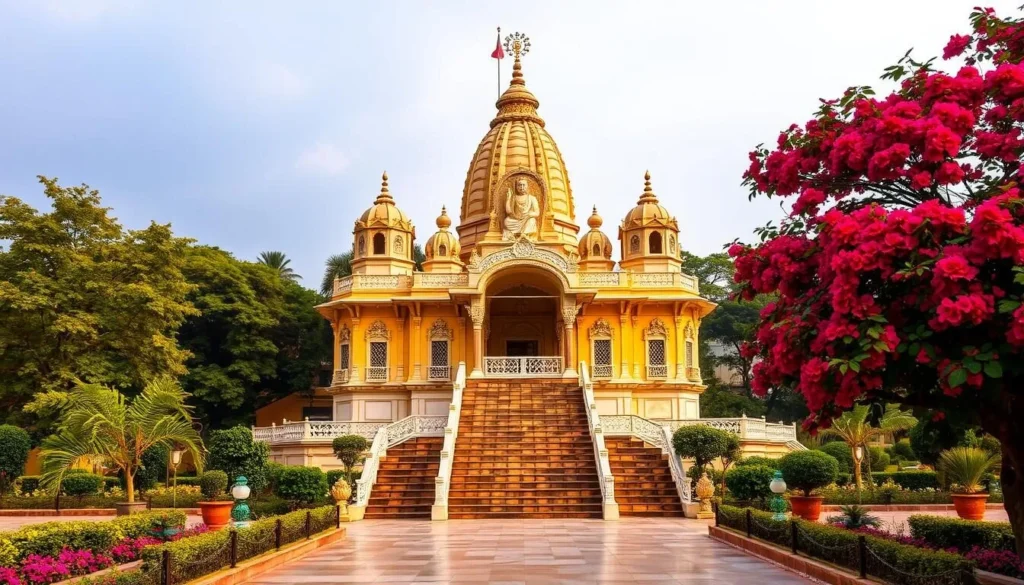 Generate an image of the Shirdi Sai Baba Temple in Faridabad, showcasing its serene architecture and vibrant surroundings.