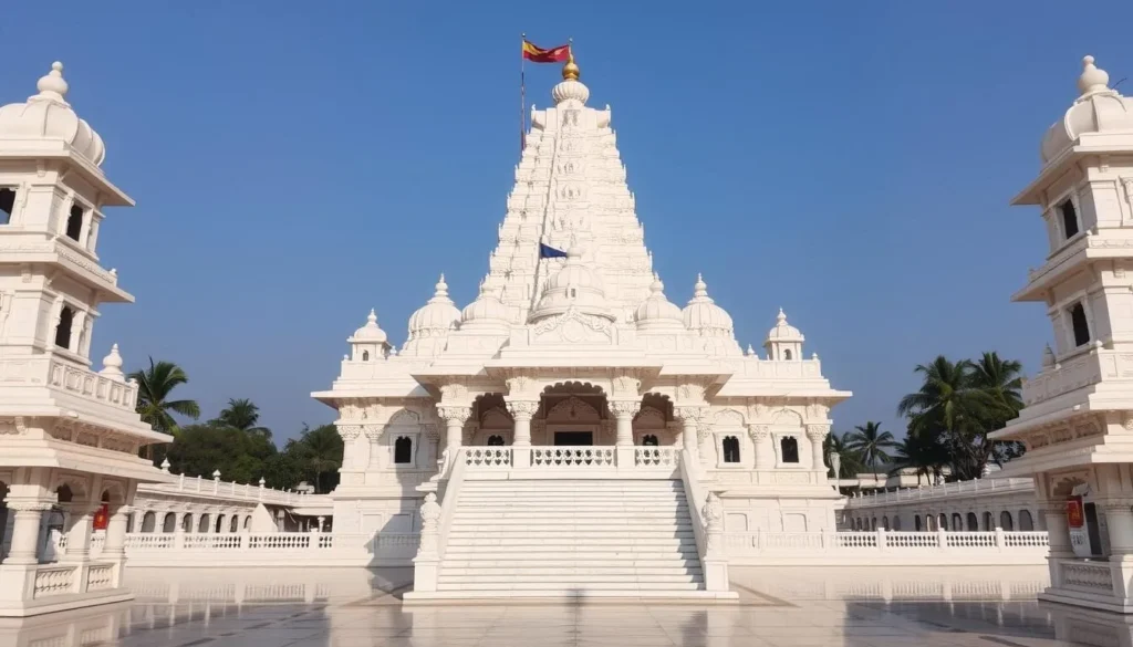 Generate an image of the Shri Radhakrishna Temple, a stunning white marble temple with a blend of traditional and modern architecture.