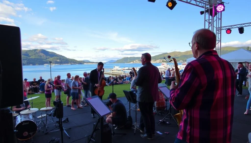 Generate an image of the Sildajazz Festival in Haugesund, with jazz performances in a scenic outdoor setting.
