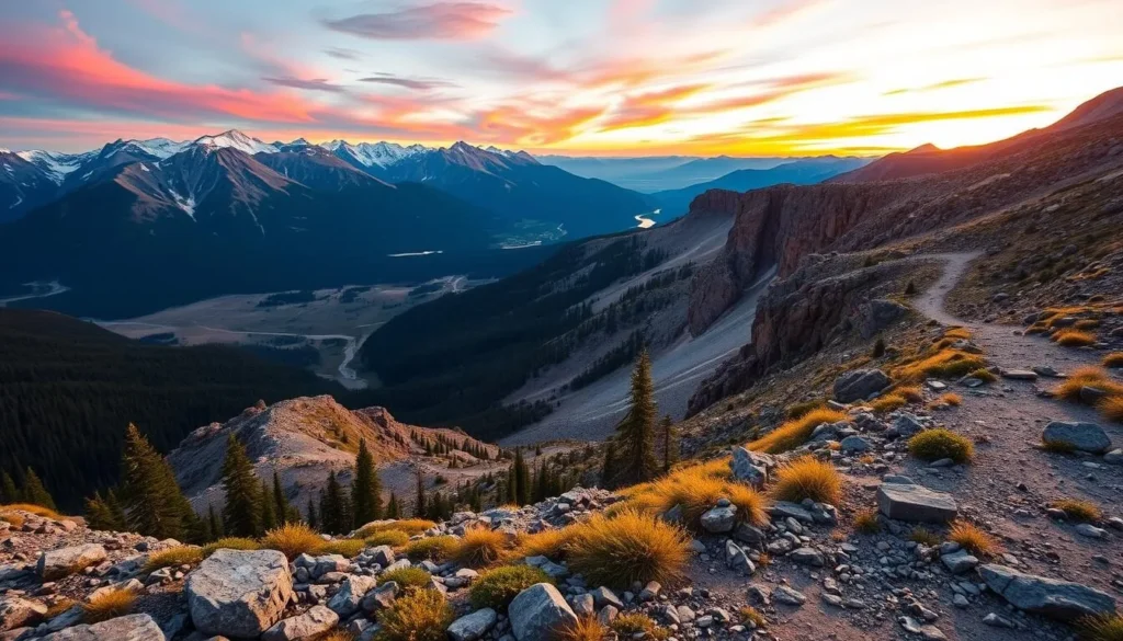 Generate an image of the Skyline Trail in Jasper National Park, showcasing its breathtaking alpine views and rugged terrain.