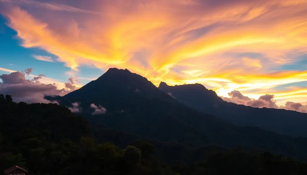 Generate an image of the Sleeping Beauty Mountain Range in Tingo Maria, Peru, showcasing its unique silhouette resembling a woman lying down.