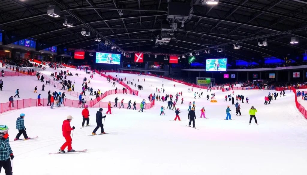 Generate an image of the Snow Arena's indoor ski slope with people skiing and snowboarding.