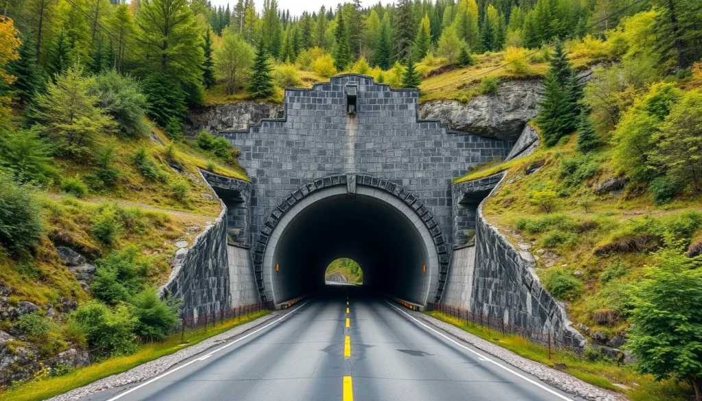 Generate an image of the Spiralen tunnel's entrance in Drammen, Norway, with a scenic backdrop.