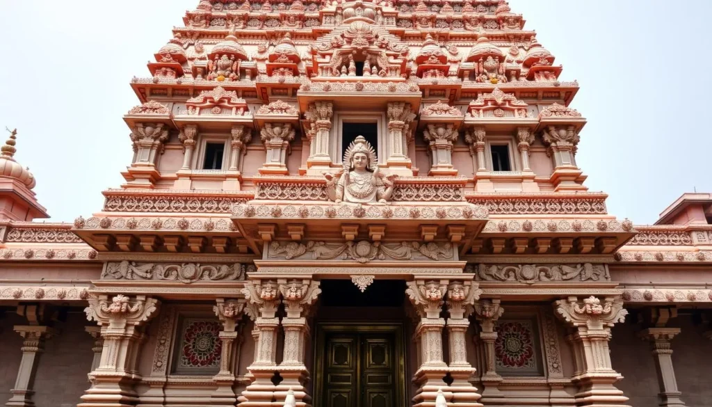 Generate an image of the Sri Venkatachalapathi Temple's facade, highlighting its intricate carvings and architectural details.