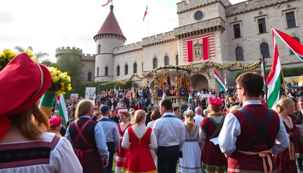 Generate an image of the Statehood Day celebrations at Kaunas Castle