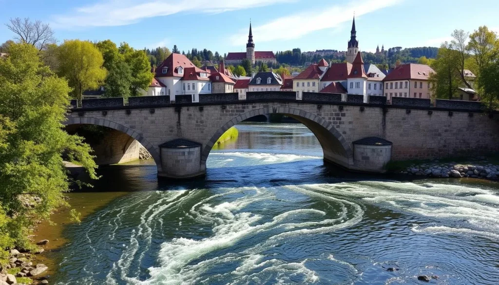 Generate an image of the Stone Bridge in Pisek with the Otava River flowing beneath it and the town's skyline in the background.