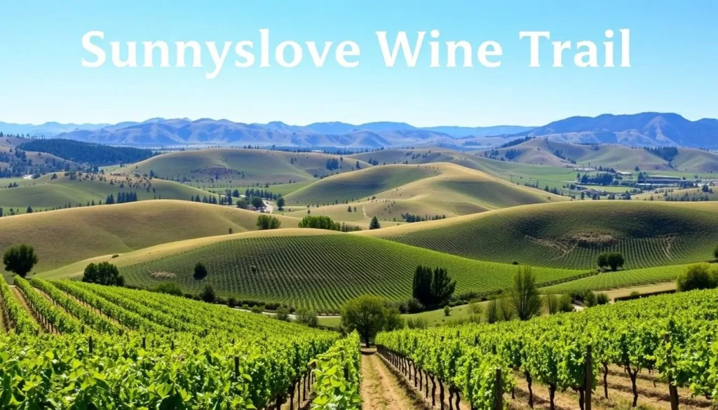 Generate an image of the Sunnyslope Wine Trail with rolling hills and vineyards.
