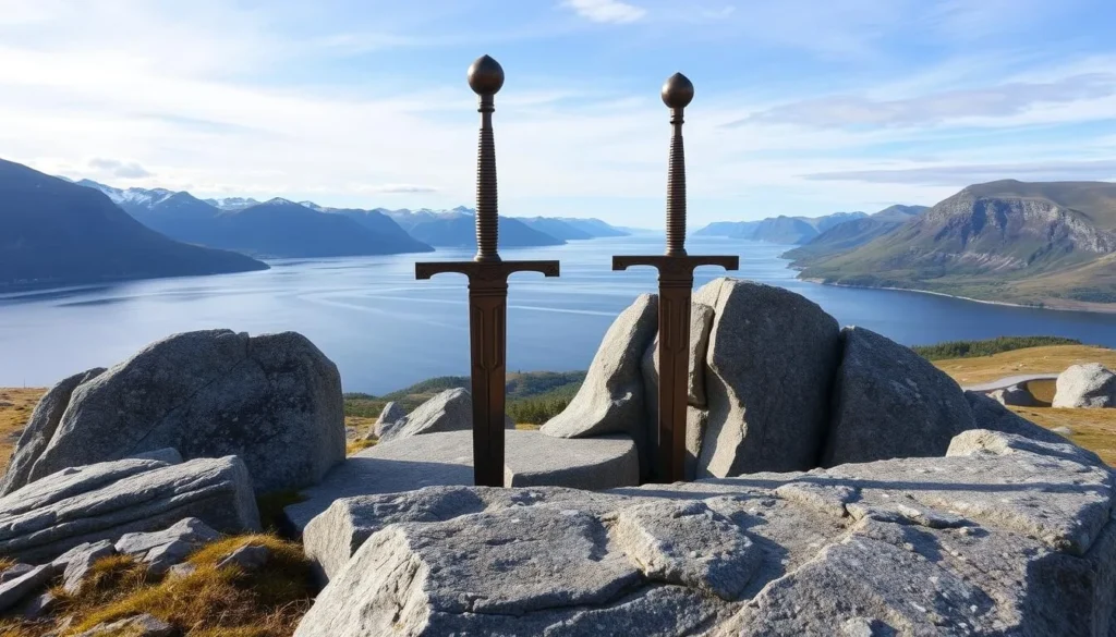 Generate an image of the Sverd i Fjell monument with three massive bronze swords plunged into solid rock, overlooking Hafrsfjord.