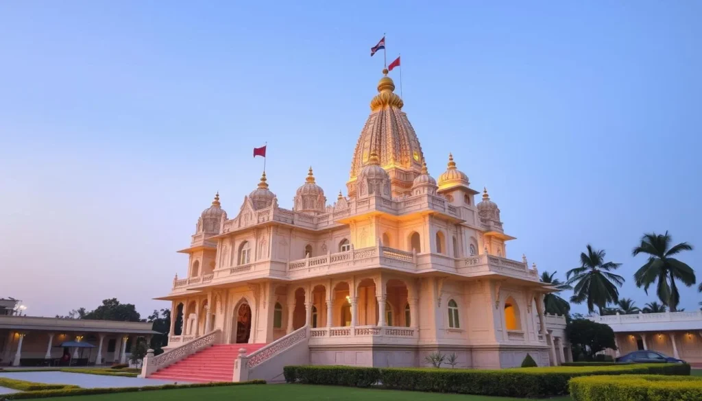 Generate an image of the Swaminarayan Temple in Rajkot, showcasing its intricate architecture and serene surroundings.