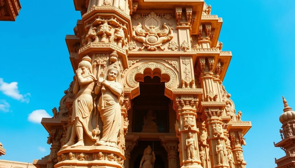 Generate an image of the Swaminarayan Temple's intricately carved statues and pillars.