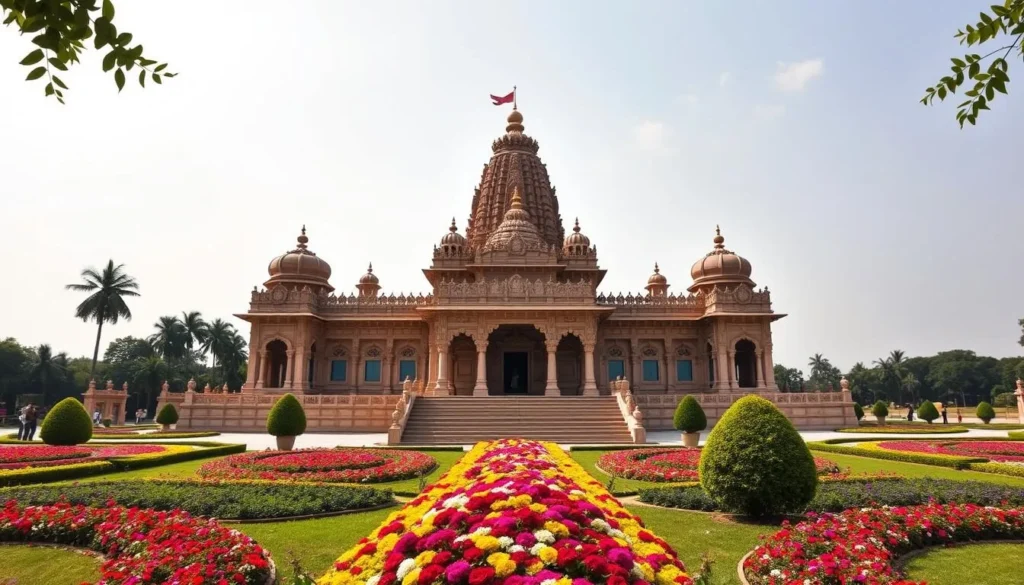 Generate an image of the Swaminarayan Temple's majestic brown marble structure surrounded by beautifully landscaped gardens.