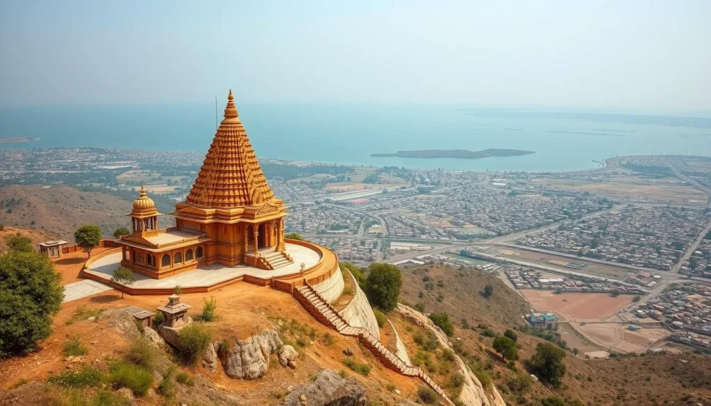 Generate an image of the Takhteshwar Temple perched atop a hill, with panoramic views of Bhavnagar city and the Gulf of Khambhat.