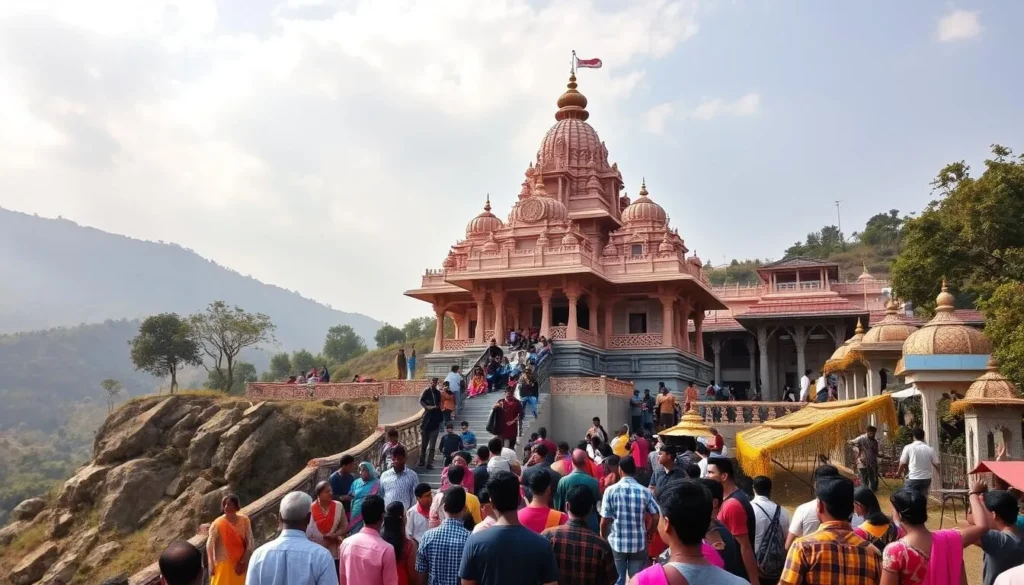 Generate an image of the Tekdi Ganesh Temple situated on a hill with devotees.